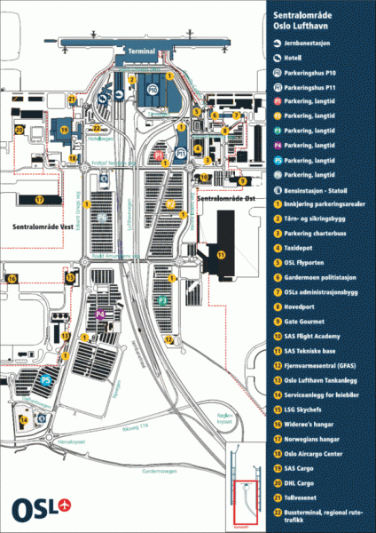 Esquema del aeropuerto internacional de Gardermoen (aeropuerto de Oslo Gardermoen)